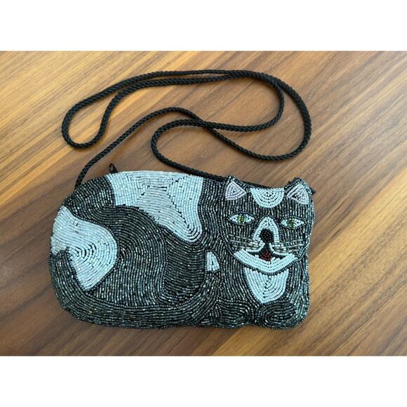 Vintage Glass Seed Beaded Black White Cat 2 sided Fully Beaded Crossbody Purse main image 5